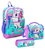 Coral High Kız Çocuk Üçlü İlkokul Okul Çanta Seti - Turkuaz Pembe Dondurmalı Kedi