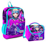 Coral High Dört Bölmeli Kız Çocuk Okul Sırt Çantası ve Beslenme Seti - Mor Pembe Anime Kedi