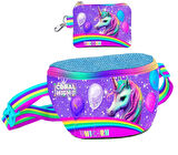 Coral High Kız Çocuk Mor Simli Unicorn Desenli Bel Çantası ve Bozuk Para Cüzdanı Set