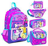 Coral High Kedi Köpek Desenli Kız Çocuk Beşli Okul Çanta Seti - İlkokul İçin Uygun