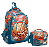 Coral High Üç Gözlü İlkokul Çantası ve Beslenme Çantası - Nefti Turuncu Basketbol Desenli - Erkek Çocuk