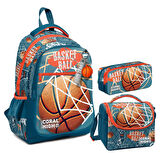 Coral High Erkek Çocuk Üç Gözlü İlkokul Çanta Seti - Nefti Turuncu Basketbol Desenli
