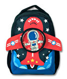 Cennec 3D Astronot Baskılı ve Kanatlı Okul Çantası Beslenme Çantası ve Kalem Çantası Seti - Lacivert - Erkek Çocuk