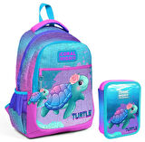 Coral High Turkuaz Pembe Kaplumbağa Kız Çocuk Okul Çantası ve Organizer Kalemlik Seti 23497+11134