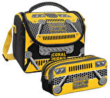 Coral High Erkek Çocuk Siyah Sarı Robot Thermo Beslenme Çantası ve İki Bölmeli Kalemlik Seti