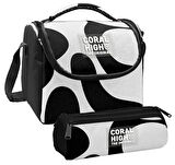 Coral High Erkek Çocuk Renkli Çizgili Siyah Beyaz Thermo Beslenme Çantası ve Üç Bölmeli Kalem Çantası Seti