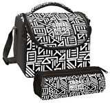 Coral High Erkek Çocuk Siyah Beyaz Geometrik Şekiller Thermo Beslenme Çantası ve Üç Bölmeli Kalem Çantası Seti