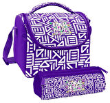 Coral High Kız Çocuk Mor Beyaz Geometrik Şekiller Thermo Beslenme Çantası ve Üç Bölmeli Kalem Çantası Seti