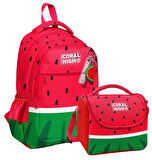 Coral HighErkek Çocuklar İçin Üç Gözlü Kırmızı Yeşil Karpuz Okul Sırt Çantası ve Termal Beslenme Çantası