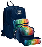 Coral High İlkokul ve Ortaokul Okul Çanta Üçlüsü - Erkek Çocuk, Lacivert Çok Renkli Çizgi Desenli