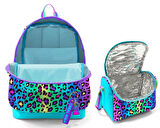 Coral High Kız Çocuklar İçin Dayanıklı İkili İlk Okul Çanta Seti  - Yeşil Mor Leopar