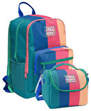 Coral High İlkokul ve Ortaokul Sırt Çantası ve Beslenme Seti - Kız Çocuklar İçin Yeşil Mavi Pembe Renkli Çizgili