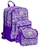 Coral High İlkokul ve Ortaokul Sırt Çantası ve Beslenme Seti - Kız Çocuklar İçin Mor Beyaz Geometrik Şekiller