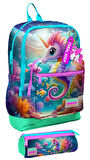Coral High İlkokul Kız Çocuklarına Özel Dört Gözlü Sırt Çantası ve Kalemlik Seti- Su Yeşili Denizatı