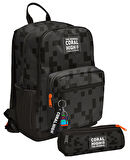 Coral High Erkek Çocuk Dört Gözlü Okul Sırt Çantası ve  Kalemlik Seti - Siyah Blok Desenli - İlkokul ve Ortaokul İçin Uygun