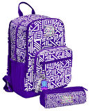 Coral High Kız Çocuk Dört Gözlü Okul Sırt Çantası ve  Kalemlik Seti - Mor Beyaz Geometrik Şekiller - İlkokul ve Ortaokul İçin Uygun