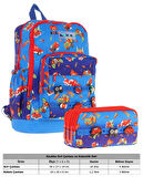 Kaukko Kids Erkek Çocuk Mavi Kırmızı Okul Çantası ve Üç Bölmeli Kalemlik Seti - Silikon Aksesuarlı