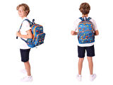 Kaukko Kids Dört Bölmeli Sırt Çantası ve Isı Yalıtımlı Beslenme Çantası Seti - Erkek Çocuk - Lacivert Turuncu