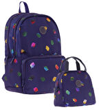 Kaukko Shine Yaprak Desenli Lacivert Kız Çocuk Okul Sırt Çantası ve Beslenme Çantası Seti