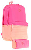 Kaukko Quick Kapitone Detaylı Pembe Turuncu Kız Çocuk Okul Çantası ve Kalemlik Okul Seti