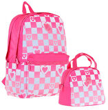 Kaukko Nature Pembe Dama ve Kalp Desenli Okul Çantası ve Isı Yalıtımlı Beslenme Seti - Kız Çocuk