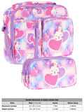 Kaukko Kids Kız Çocuk Lila Pembe Kalpli Kedi Baskılı Üç Bölmeli Thermo Beslenme Çantası ve Kalemlik Seti (L7219+L8219)