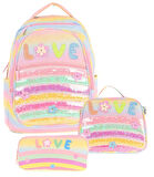 Kaukko Kids Kız Çocuk Simli Pullu Love Baskılı İlkokul 1.2.3.4. Sınıf Üçlü Okul Çanta Seti