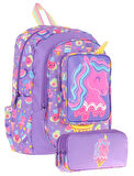 Kaukko Kız Çocuklar İçin Okul Sırt Çantası (L5224) ve Üç Bölmeli Kalemlik (L8224) Seti - Mor Sarı - Unicorn Detaylı
