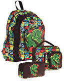 Kaukko Kids Kız Çocuklara Özel (Siyah Yeşil - 3D Gergedan Detaylı) Üçlü Okul Çantası Seti