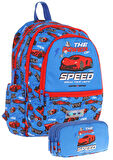 Kaukko Erkek Çocuk Dört Gözlü Okul Çantası ve Üç Gözlü Kalem Çantası Seti - Mavi Kırmızı - Yarış Arabası (L5268+L8268)