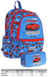 Kaukko Erkek Çocuk Dört Gözlü Okul Çantası ve Üç Gözlü Kalem Çantası Seti - Mavi Kırmızı - Yarış Arabası (L5268+L8268)