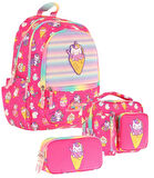 Kaukko Kids Üçlü Kız Çocuk İlkokul Okul Çantası Seti (L5227+L7227+L8227) Pembe - Kauçuk Dondurma