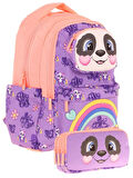 Kaukko Kids Toys Kız Çocuk Mor Somon 3D Panda Şekilli İlkokul Çantası ve Kalemlik Seti (L5233+L8233)