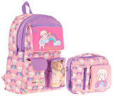 Kaukko Peluş Kedili Pembe Mor Kız ÇocukLar İçin Okul Çantası ve Beslenme Çantası Seti (L5241+L7241)