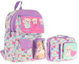 Kaukko Peluş Ayıcıklı Yeşil Mor Kız ÇocukLar İçin Okul Çantası ve Beslenme Çantası Seti (L5239+L7239)