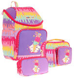 Kaukko (Dondurma Baskılı - Sarı Mor) Kız Çocuk İki Bölmeli Okul Çanta Seti (Üçlü)