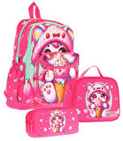 Kaukko Kids Dört Bölmeli Okul Çantası + Beslenme +Kalemlik Seti (Dondurma Yiyen Kedi - Kız Çocuk - Pembe)