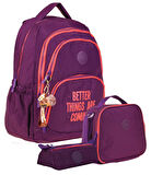 Kaukko Mor Kız Çocuk Üçlü Okul Çanta Seti - Krinkıl Kumaş - K1678+K9002+K2643