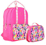 Kaukko Kız Çocuklara Özel Pembe Renkli Yaprak Desenli Okul Çantası ve Beslenme Çantası Seti
