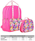 Kaukko Kız Çocuklara Özel Pembe Renkli Yaprak Desenli Okul Çantası ve Beslenme Çantası Seti