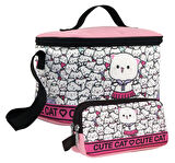 Cennec Kız Çocuk Sevimli Kediler Desenli Pembe Beyaz Beslenme Çantası ve Kalemlik Seti