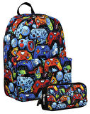 Cennec (Mavi Turuncu - Oyun Konsolu - Erkek Çocuk) Okul Sırt Çantası ve Kalem Çantası Seti - SETUMT5092C