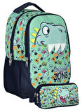 Cennec UMT5018+UMT5020 Sırt Çantası ve Kalemlik Seti (Yeşil Lacivert - Dinazor - Erkek Çocuk)