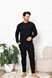 Erkek Bisiklet Yaka Düğmesiz Kışlık Waffle Pamuklu Kumaş Uzun Manşetli Kol Cepli Pijama Takımı 