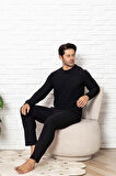Erkek Bisiklet Yaka Düğmesiz Kışlık Waffle Pamuklu Kumaş Uzun Manşetli Kol Cepli Pijama Takımı 