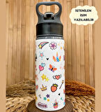 Kişiye Özel İsimli Gökkuşağı Unicorn Temalı Kız Çocuk Pipetli Matara Suluk 650 ml