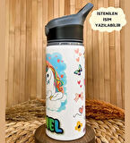 Kişiye Özel İsimli Gökkuşağı Unicorn Temalı Kız Çocuk Pipetli Matara Suluk 650 ml