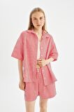 DeFacto Coool Oversize Çizgili Poplin Kısa Kollu Gömlek D3835AX24HSRD93