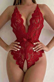Kırmızı Özel Bölgesi Açık Fiyonklu DantelFantezi Body
