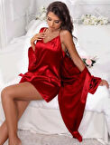 İnce Askılı Kırmızı Saten 2'li Gecelik Sabahlık Takımı